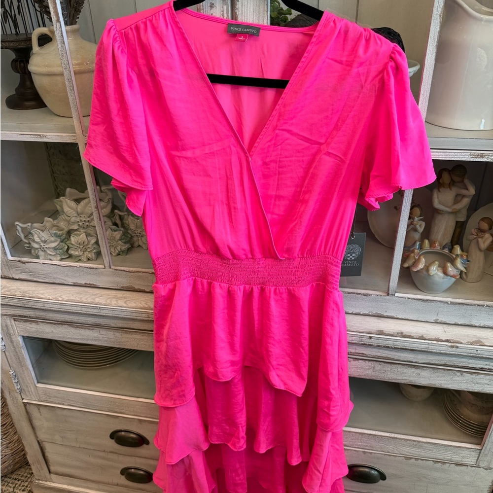 VinceHot Pink Tiered V-Neck Dress